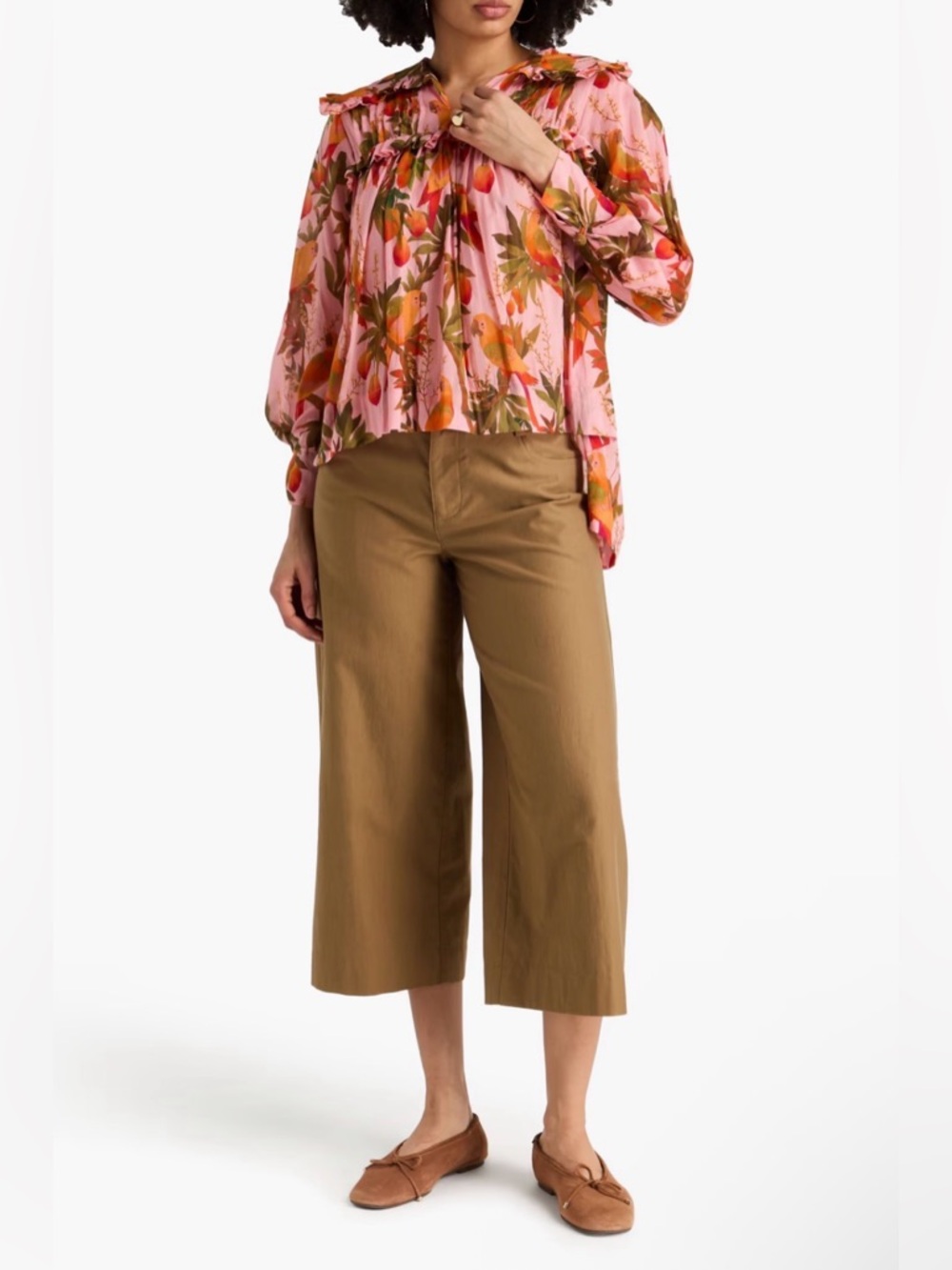 FARM RIO
Ruffle-trimmed printed voile shirt. Like new